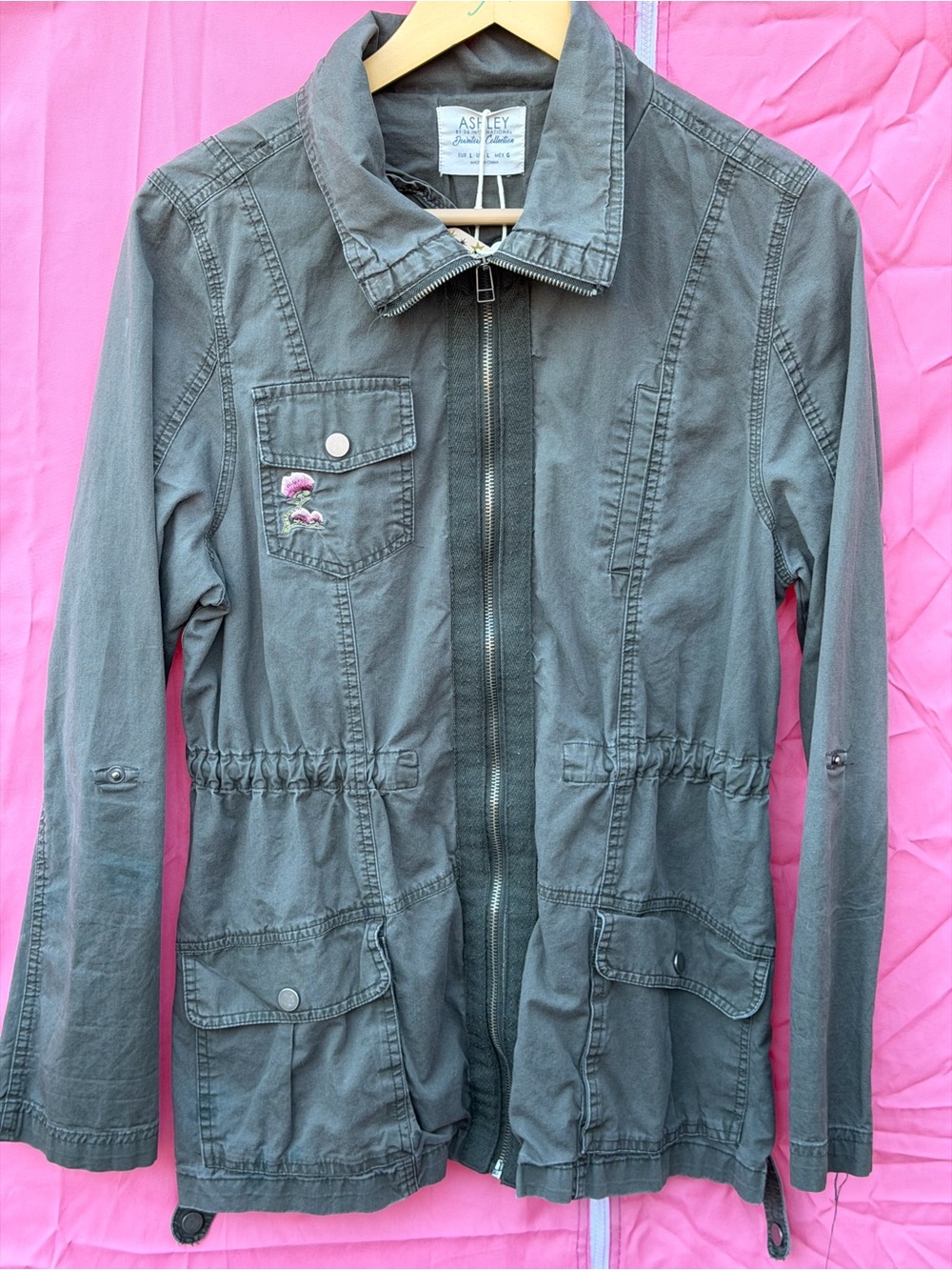 Ashley By 26 International Olive Green Utility Jacket with Floral Patch